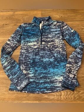 Nike Pro Dri-FIT 1/4 Zip Running Top Blue White Pattern Long Sleeve Women’s S